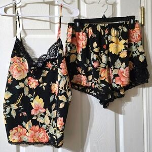 Vintage Matching Satin Sleep Set by Van Radtke, Black Floral Print, Lace Trim.
